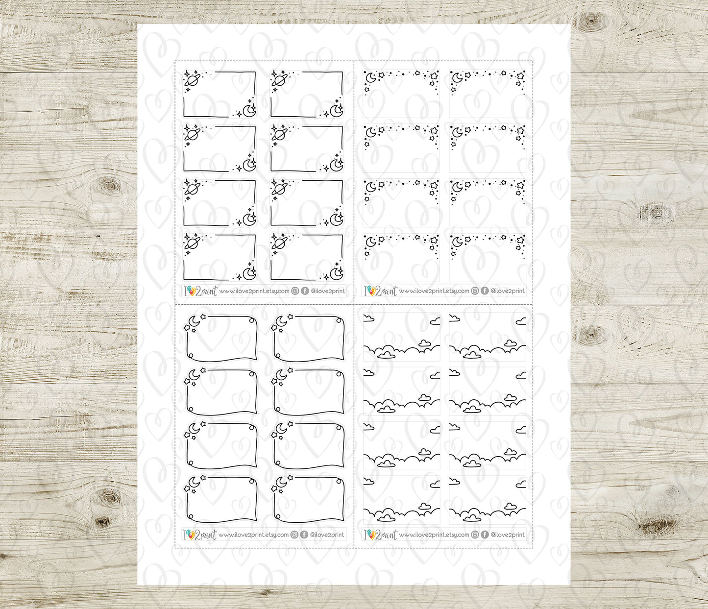 Sky Doodle Notes Printable Planner Stickers | Moon Stars Planets Half Boxes | 4 Variations | PDF Cut Files
