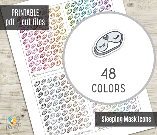 Sleeping Mask Mini Icon Printable Planner Stickers | 48 Colors | PDF Cut Files