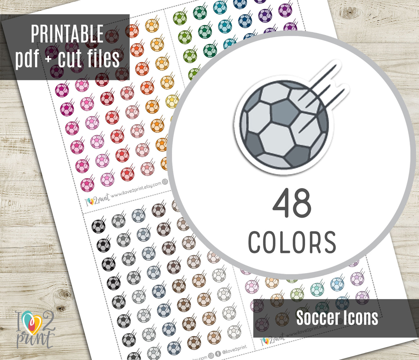 Soccer Ball Mini Icons – Functional Printable Stickers in 48 Colors – PDF & Cut Files