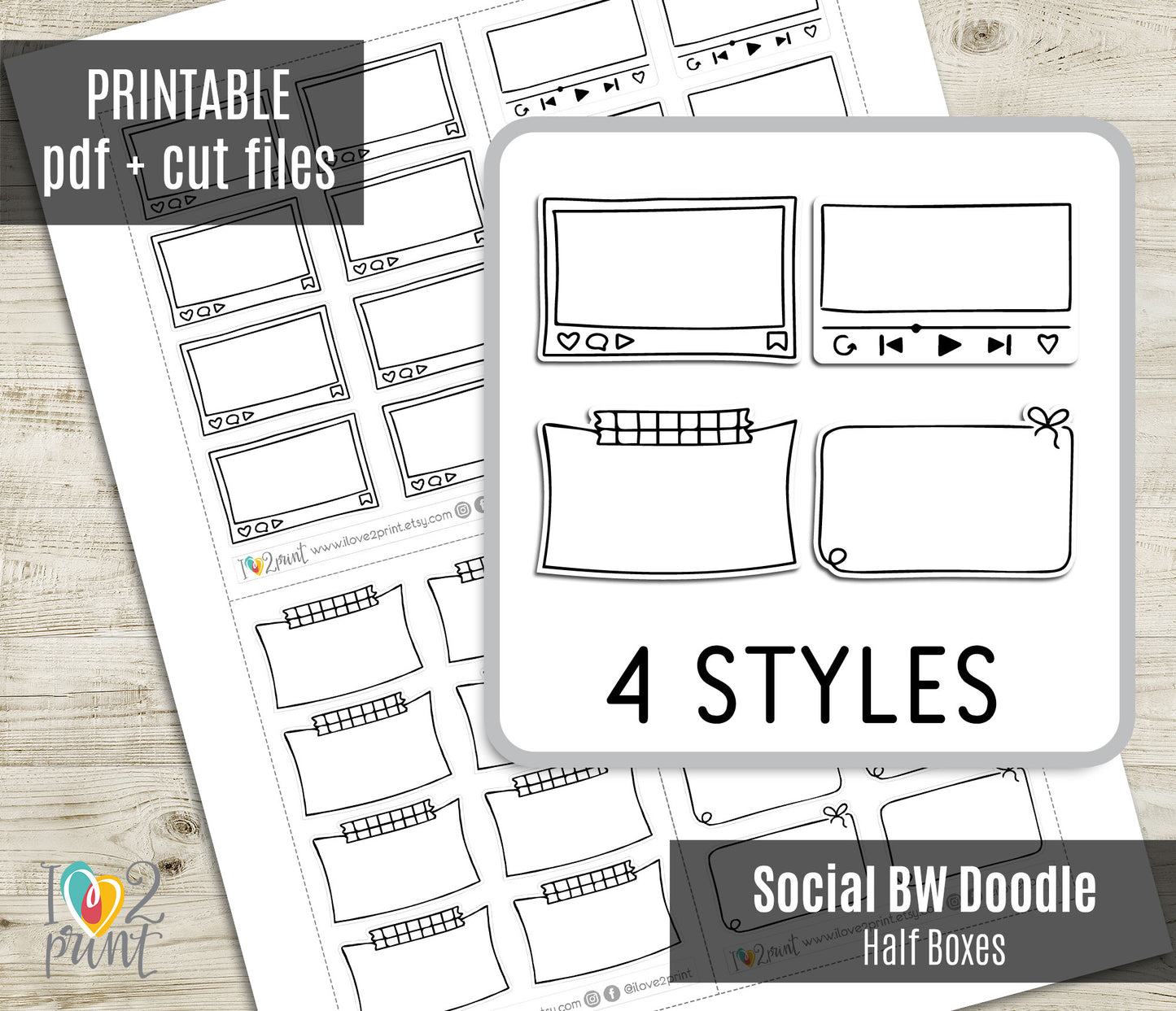 Printable social media doodle half boxes with 4 styles on a wooden surface.