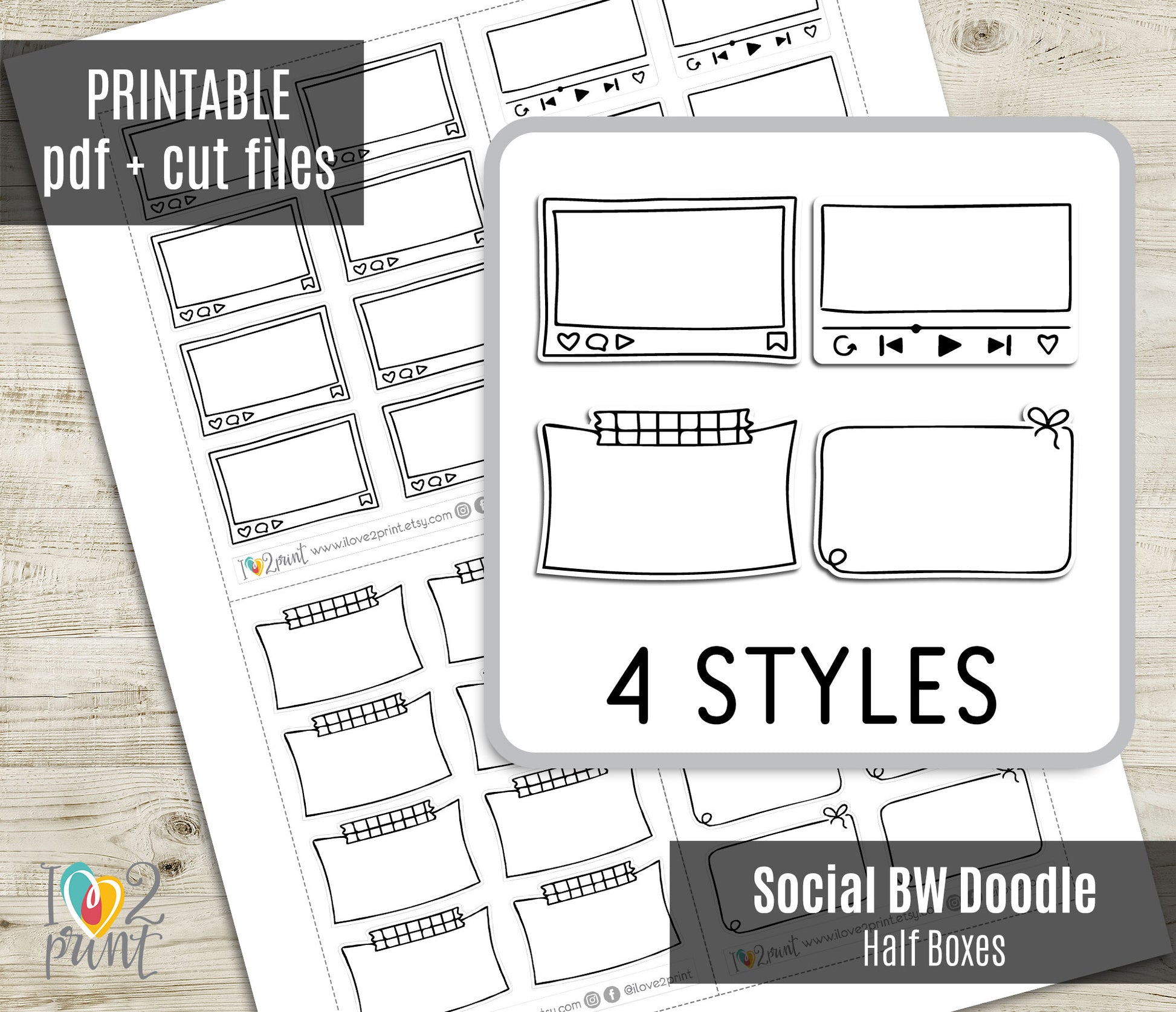 Printable social media doodle half boxes with 4 styles on a wooden surface.