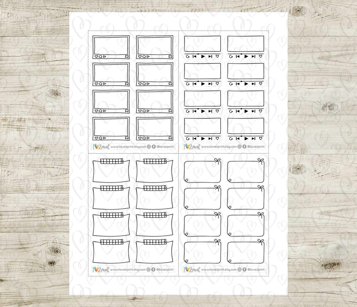 Sheet of printable planner stickers with various notes boxes on a wooden surface