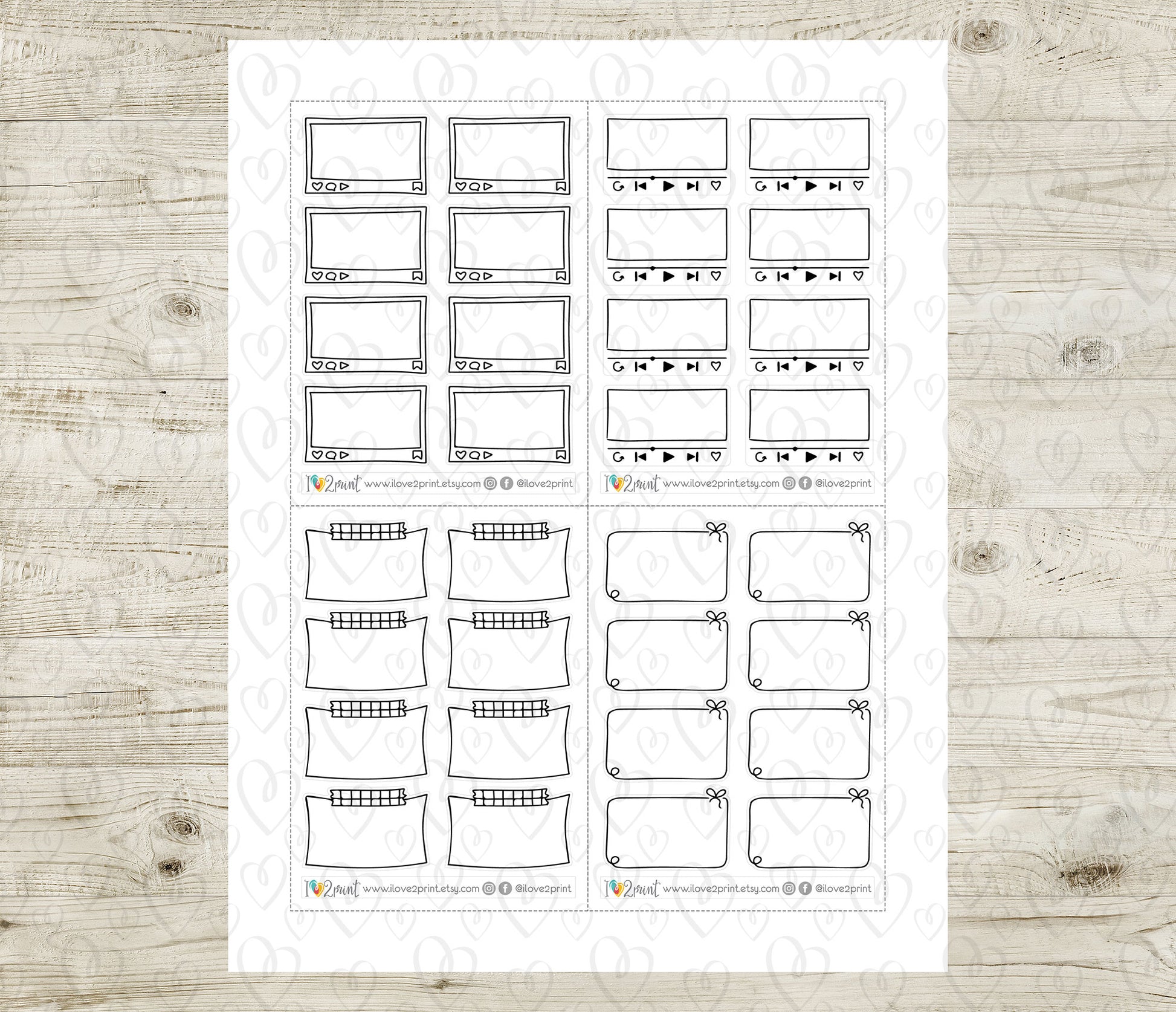 Sheet of printable planner stickers with various notes boxes on a wooden surface