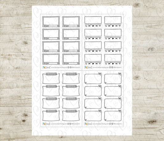 Sheet of printable planner stickers with various notes boxes on a wooden surface