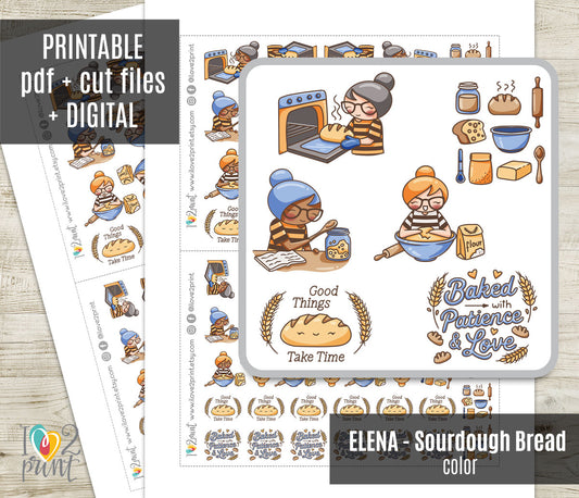 Elena Sourdough Bread Color Printable Stickers | 2 Skin Tones Bakery | 2 Sizes | PDF Cut Files