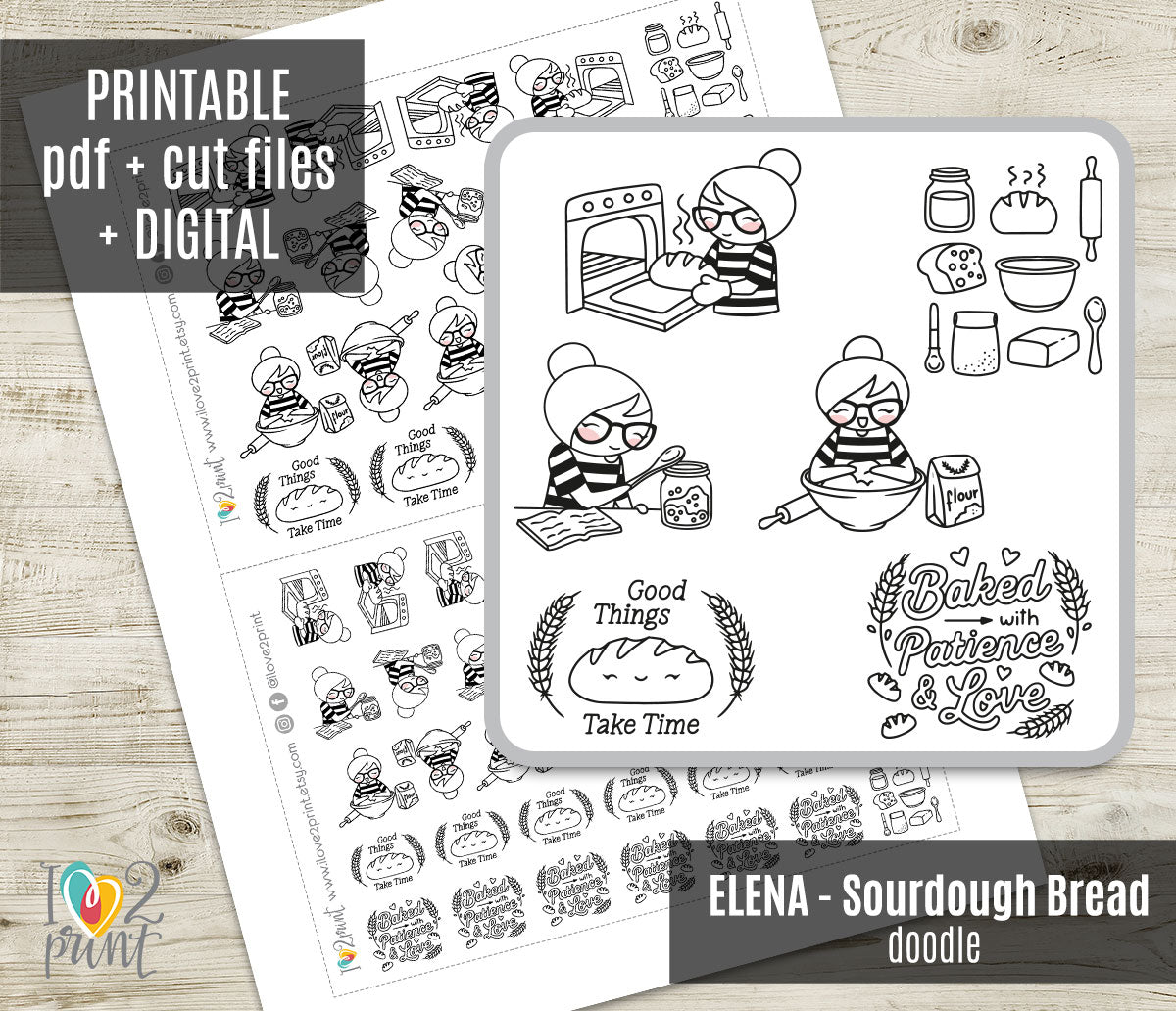 Elena Sourdough Bread Doodle Printable Stickers | Outline Bakery | 2 Sizes | PDF Cut Files