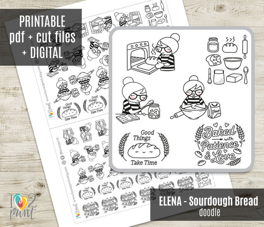 Elena Sourdough Bread Doodle Printable Stickers | Outline Bakery | 2 Sizes | PDF Cut Files