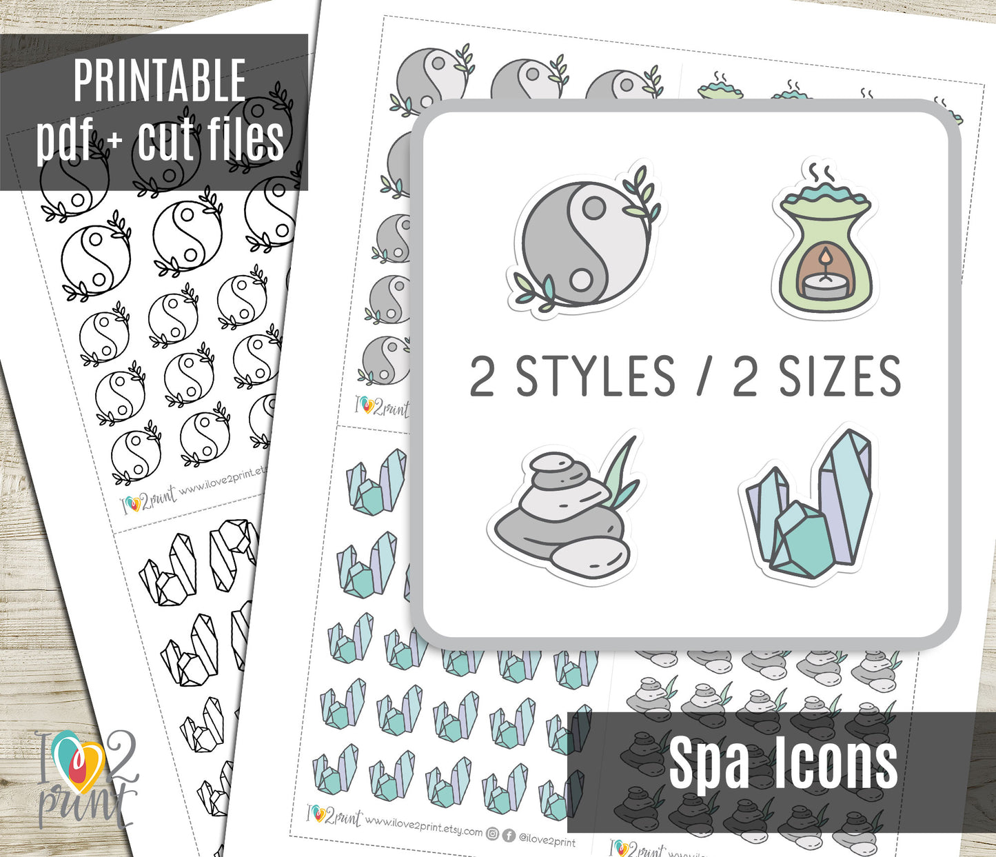 Spa & Meditation Icons Stickers Set  - Functional Printable Stickers - PDF & Cut Files