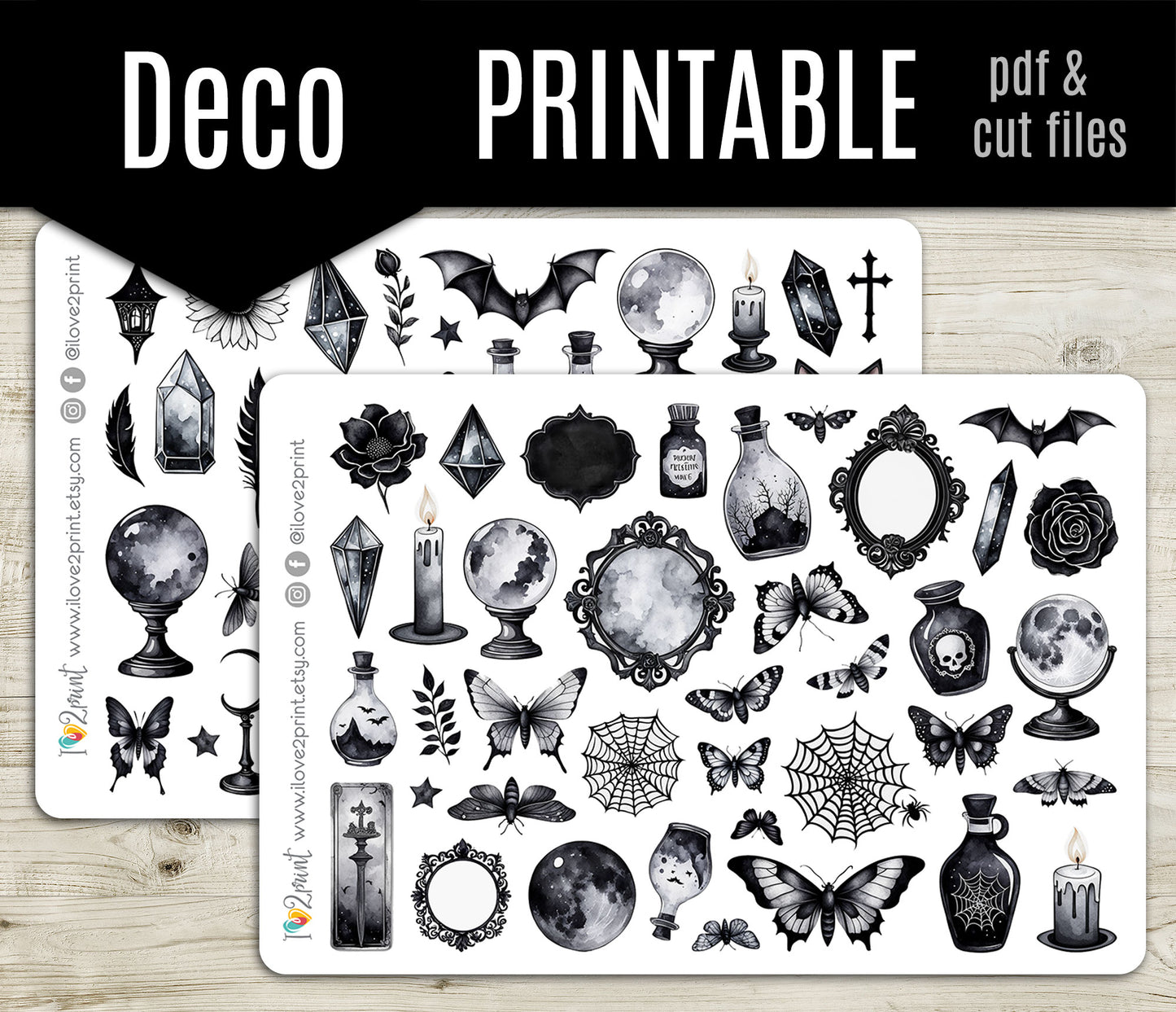 Spooky Time – Printable Stickers – PDF & Cut Files - Black & White
