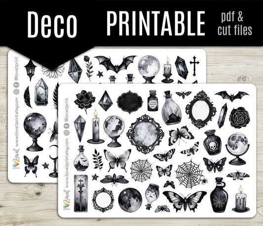 Spooky Time – Printable Stickers – PDF & Cut Files - Black & White