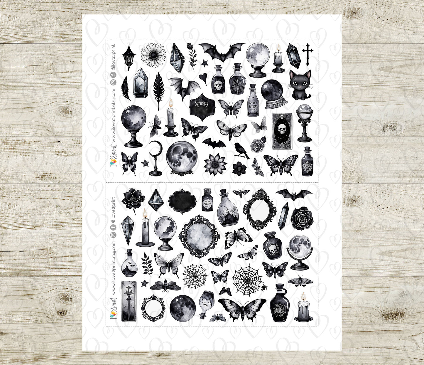 Spooky Time – Printable Stickers – PDF & Cut Files - Black & White