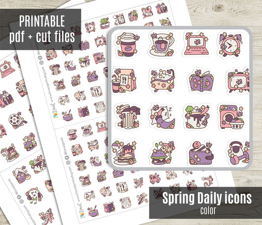 50 Spring - Daily Life Printable Icons Stickers – COLOR Planner Icons - PDF & Cut Files