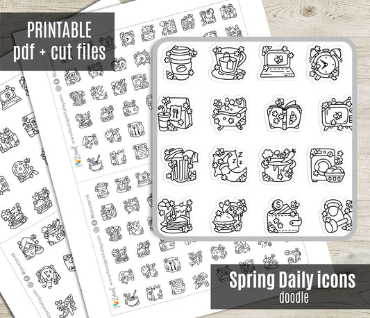 50 Spring - Daily Life Printable Icons Stickers – DOODLE Planner Icons - PDF & Cut Files