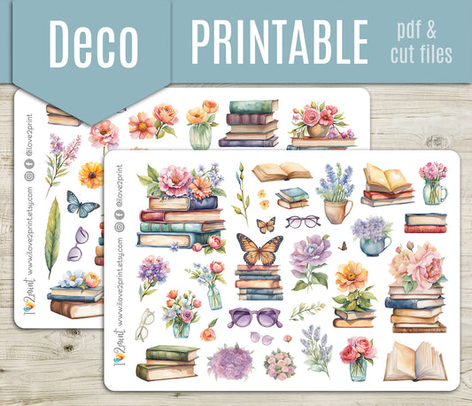 Spring Reading Decorative Stickers – Printable Book Lover Stickers - PDF & Cut Files