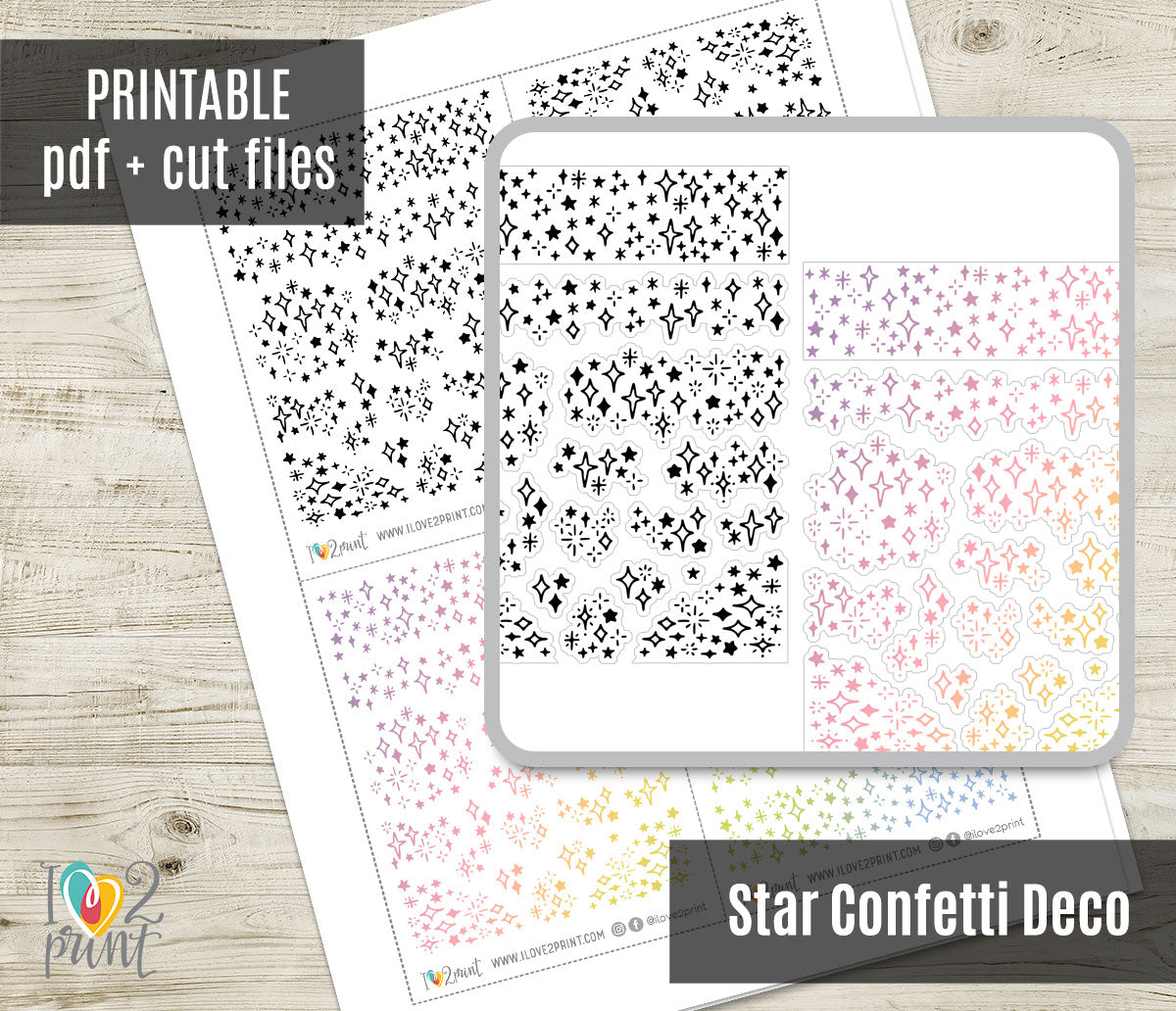 Mini Star Confetti Decorative Printable Stickers | Black & Pastel Ombré | PDF Cut Files | Instant Download
