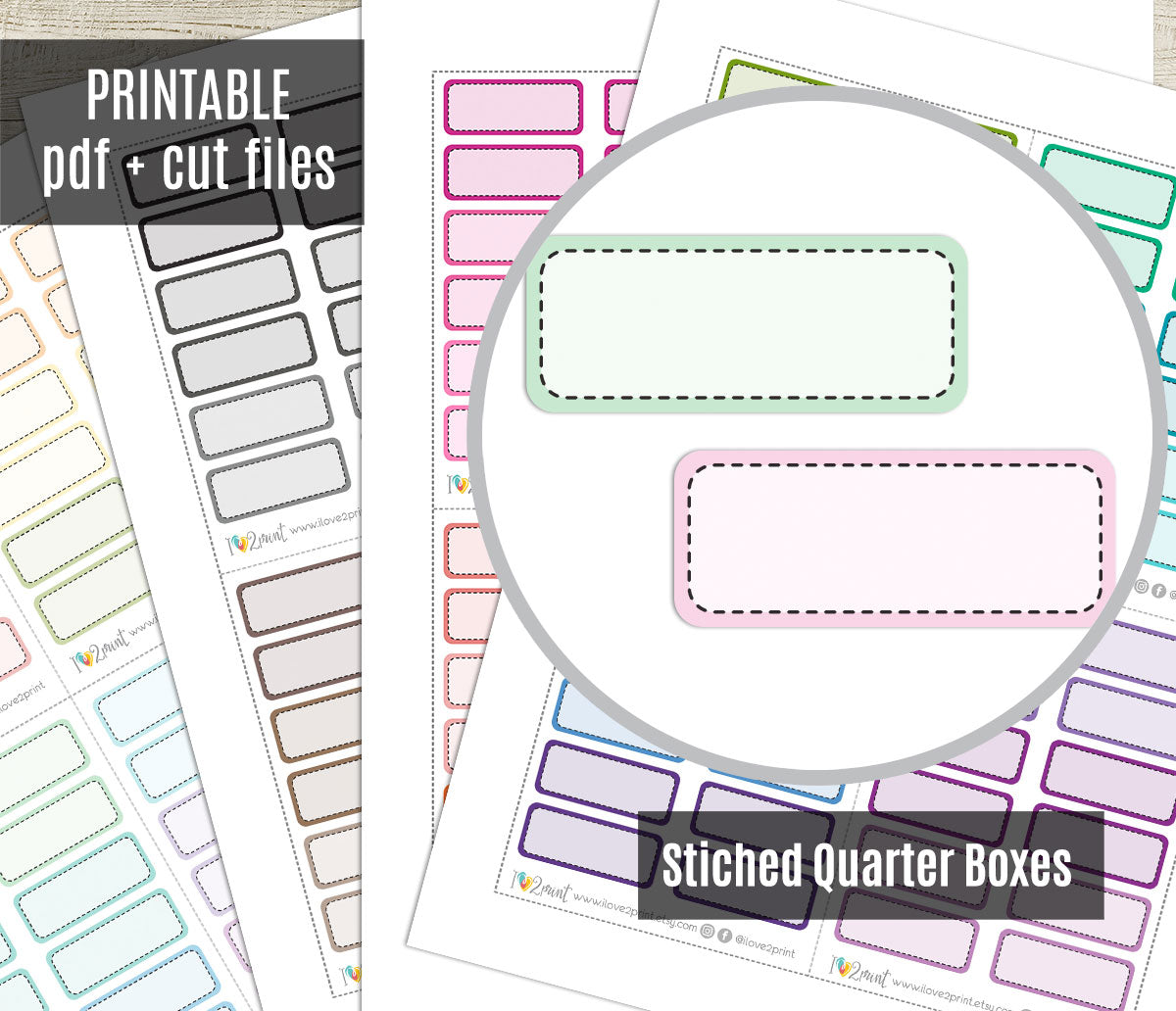 Stitched quarter boxes with cut files for a printable PDF, shown on a white background.
