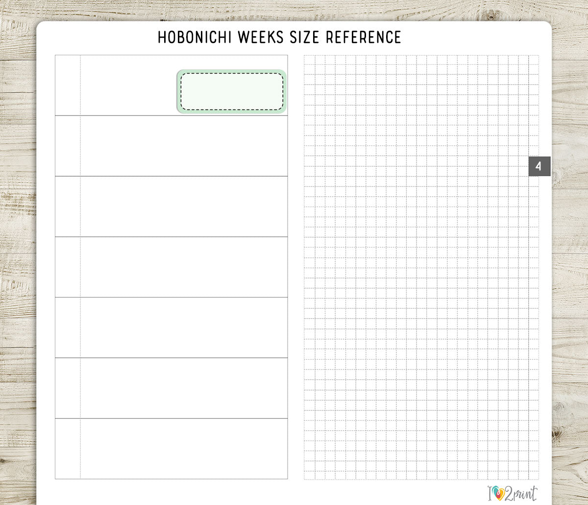 Hobonichi Weeks size reference sheet with a stitched box sticker on a wooden surface
