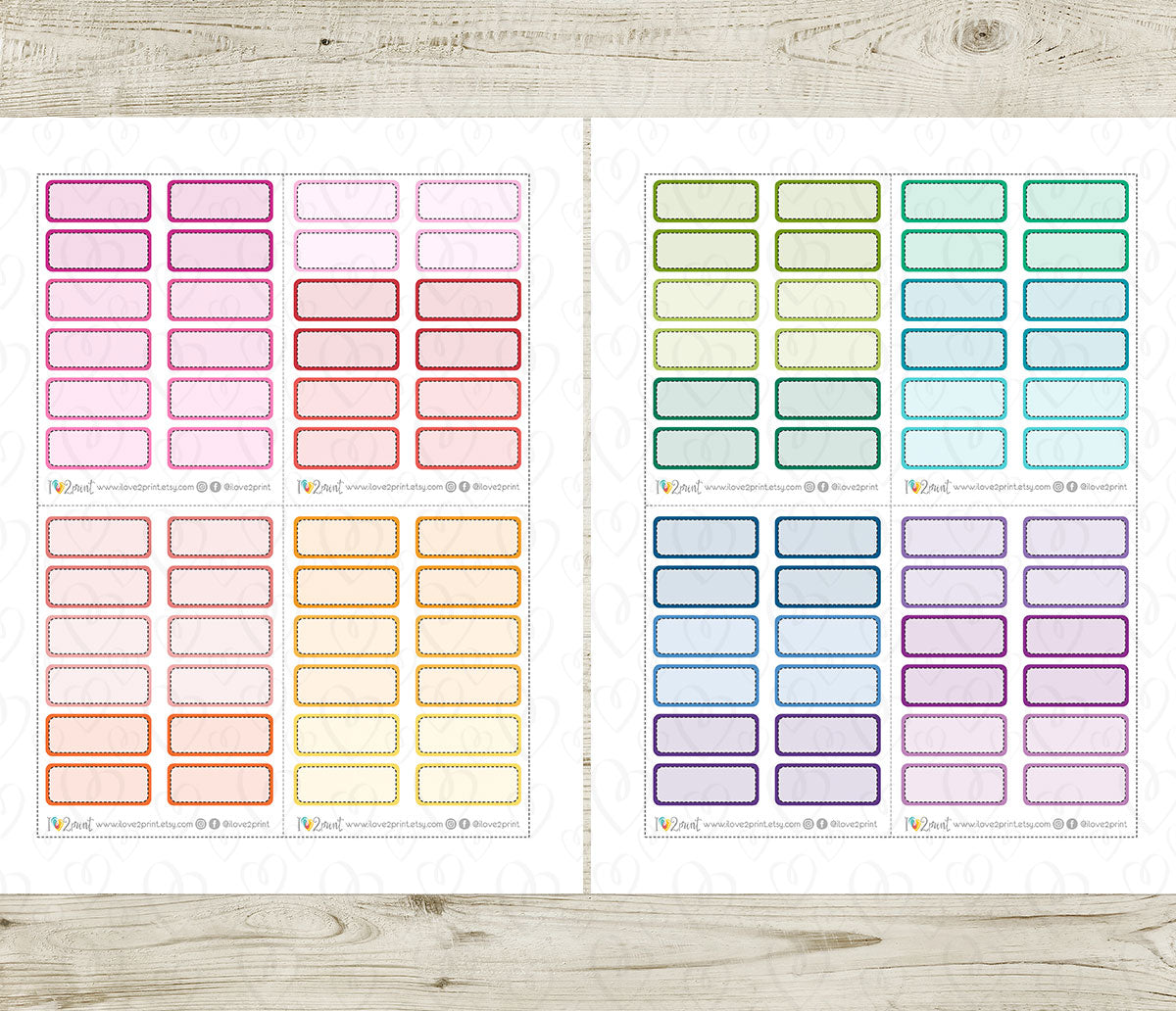 Set of colorful stitched box sticker sheets on a wooden surface