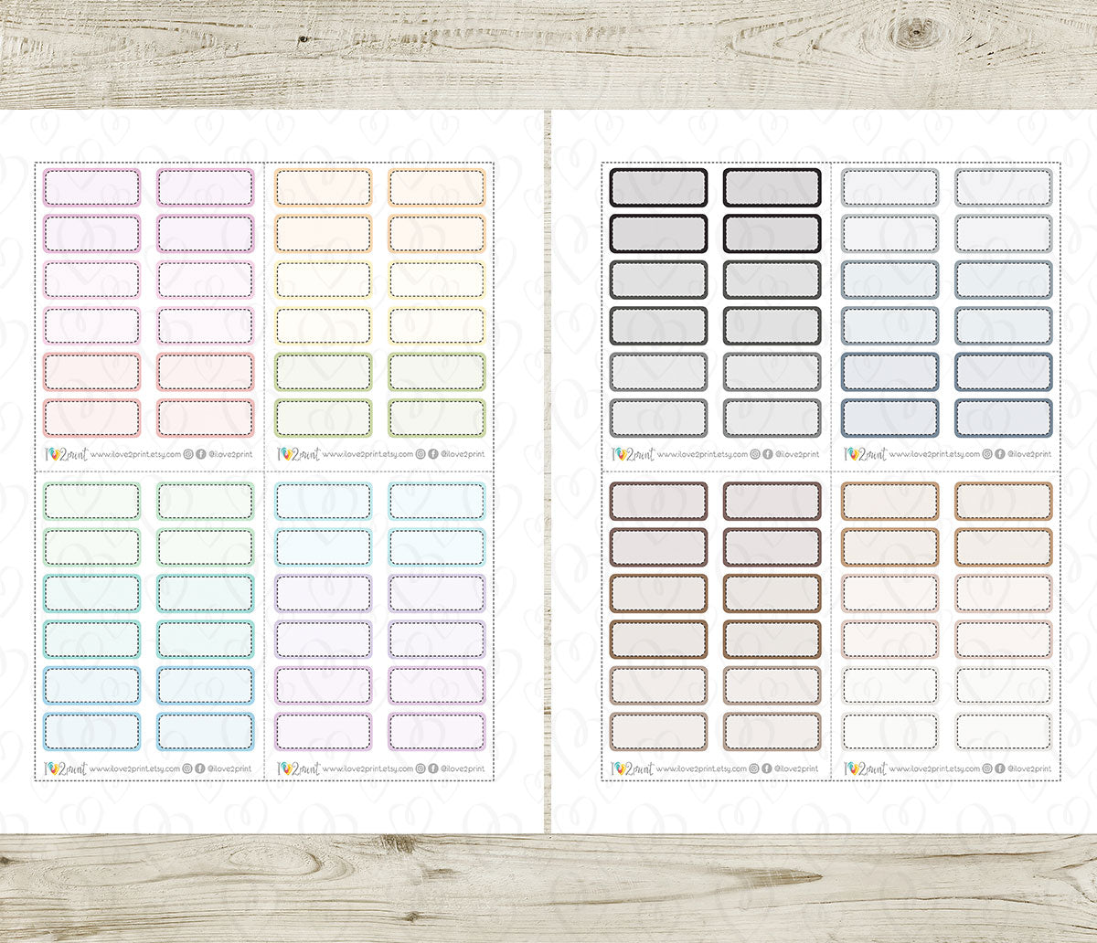 Two sheets of stitched box planner stickers with various color options on a wooden surface.