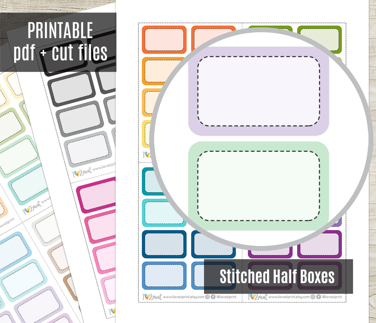 Half Stitched Boxes Printable Planner Stickers | 48 Colors | PDF Cut Files | Instant Download