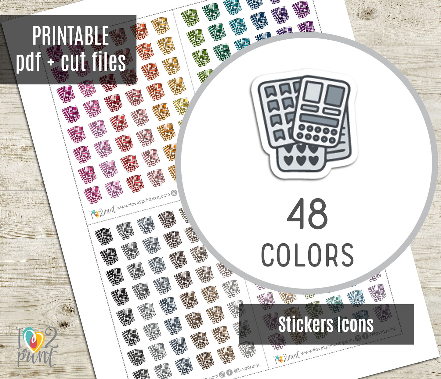 Sticker Sheets Mini Icons – Functional Printable Stickers in 48 Colors – PDF & Cut Files
