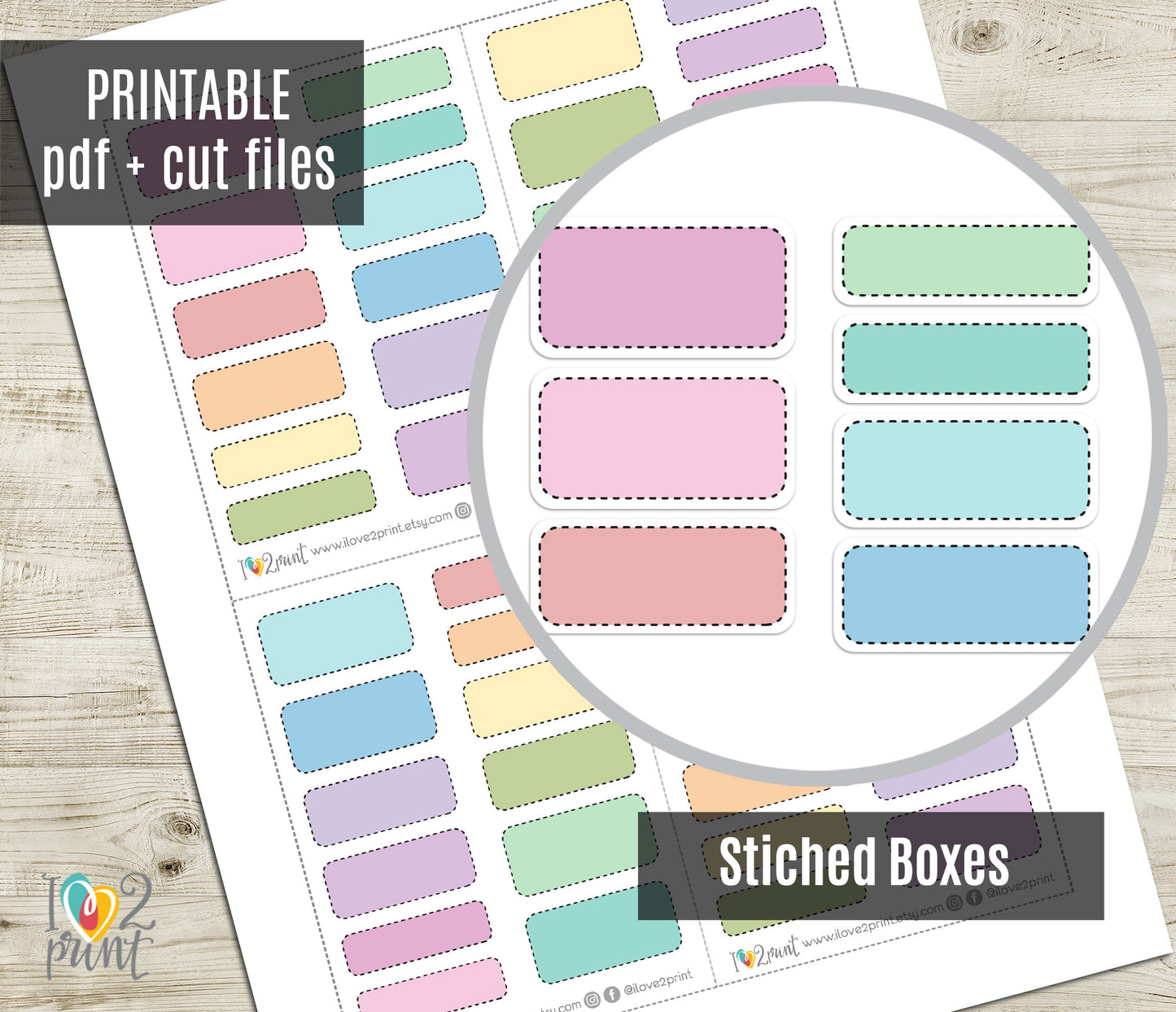 Cute Stiched Boxes Printable Planner Stickers – PDF & Cut Files