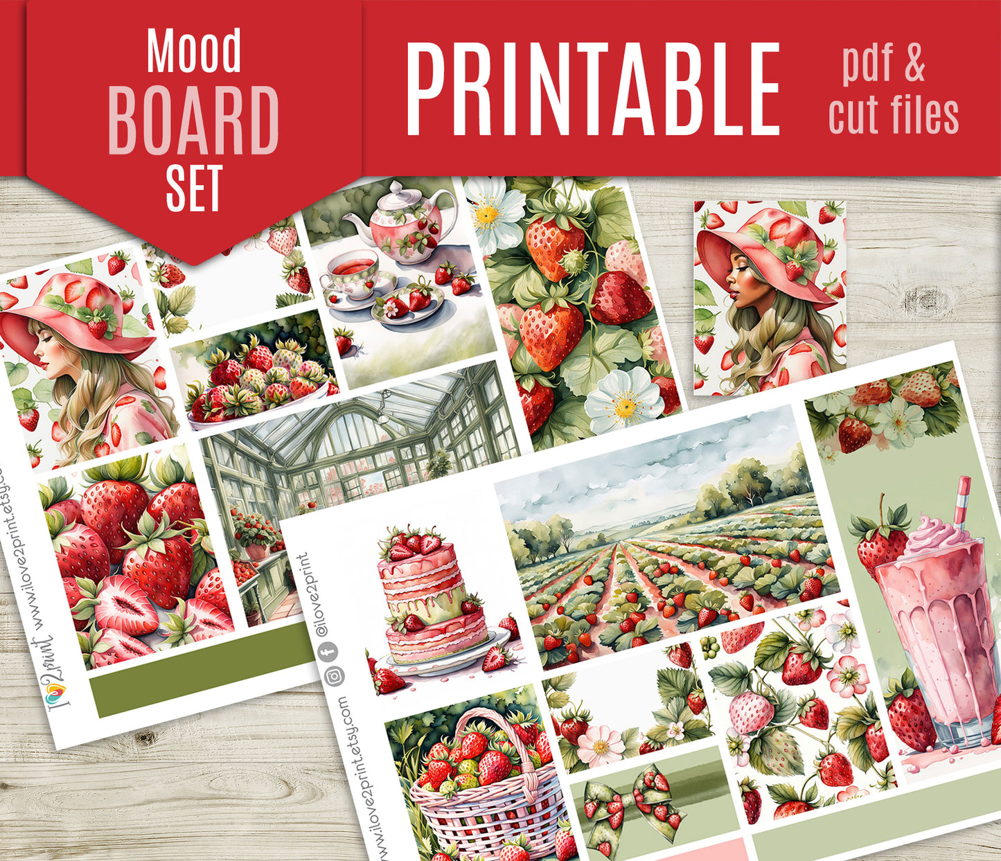 Strawberry Fields Moodboard Decorative Box Stickers - 1.5" Printable PDF & Cut Files