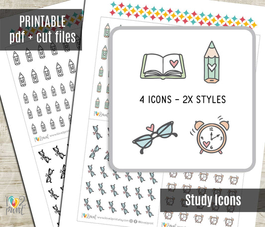 Printable Study Icons Stickers – Notebook, Pencil, Alarm Clock & Glasses – Instant Download PDF + Cut Files