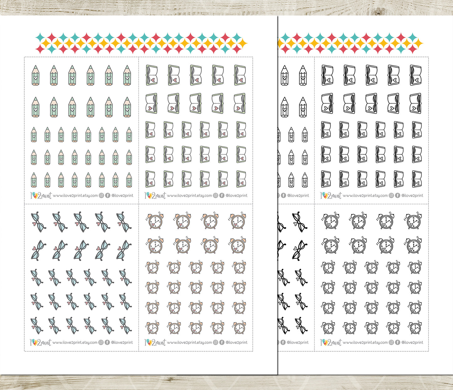 Printable Study Icons Stickers – Notebook, Pencil, Alarm Clock & Glasses – Instant Download PDF + Cut Files