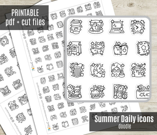 50 Summer - Daily Life Printable Icons Stickers – DOODLE Planner Icons - PDF & Cut Files