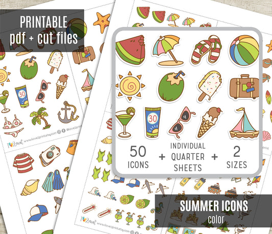 50 Summer Printable Icons Stickers – COLOR Planner Icons - PDF & Cut Files