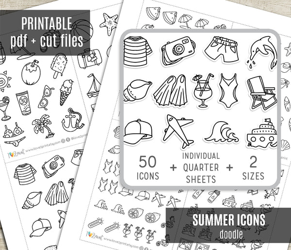 50 Summer Printable Icons Stickers – STAMP Planner Icons - PDF & Cut F ...