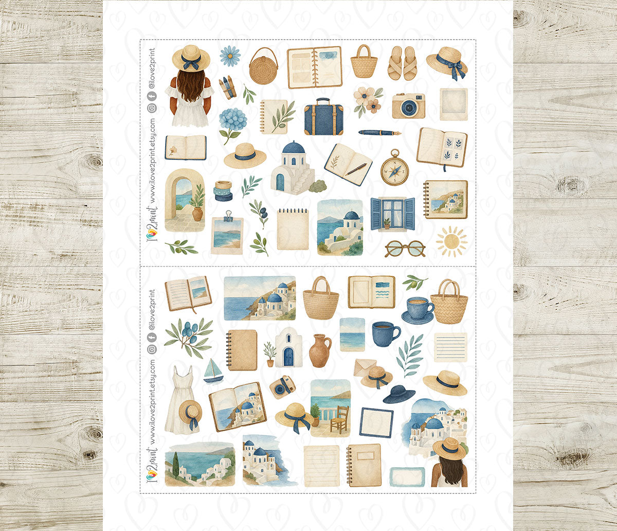 Summer in Greece Decorative Printable Stickers | Aegean Elements | PDF Cut Files | Instant Download