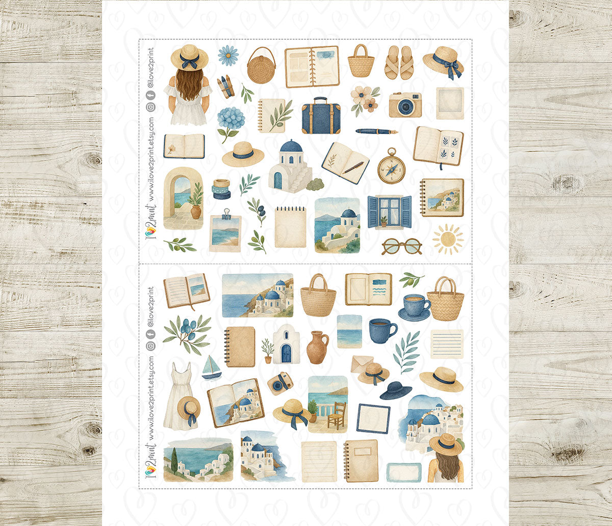Summer in Greece Decorative Printable Stickers | Aegean Elements | PDF Cut Files | Instant Download