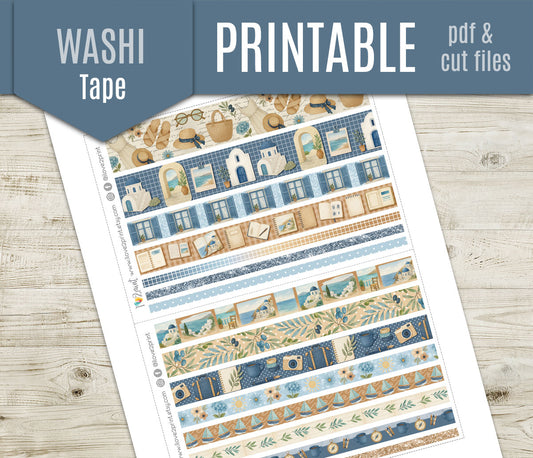 Summer in Greece Washi Tape Printable Stickers | Mediterranean Borders | PDF Cut Files