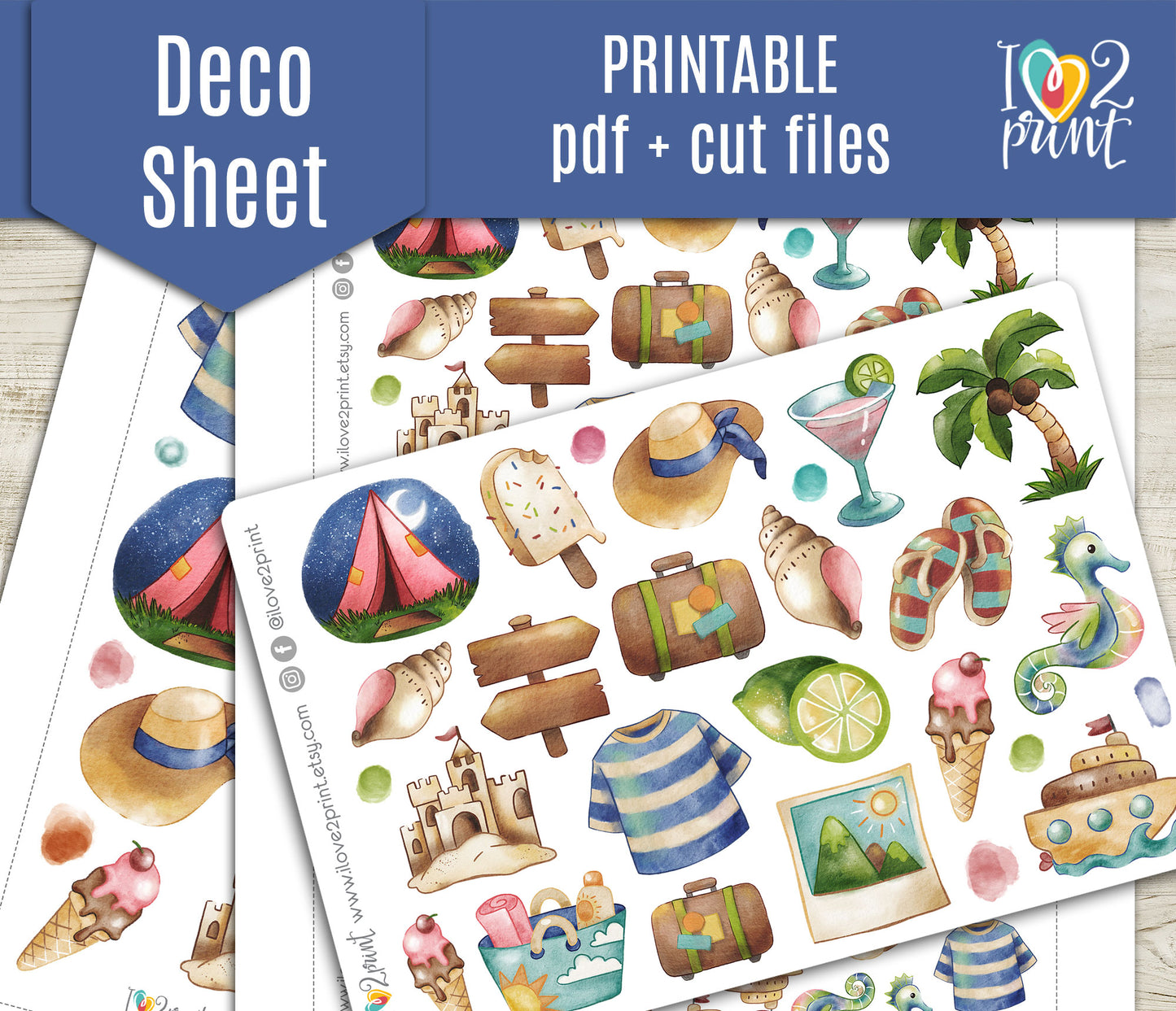 Watercolor Summer Decorative Printable Stickers | Blue Green Hand Painted | PDF Cut Files