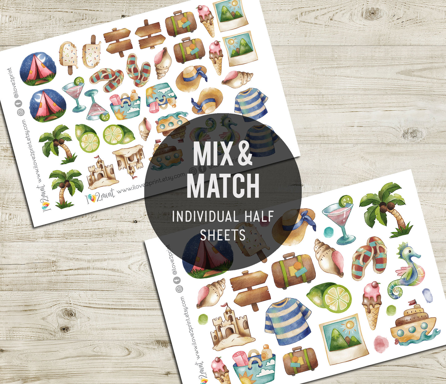 Watercolor Summer Decorative Printable Stickers | Blue Green Hand Painted | PDF Cut Files