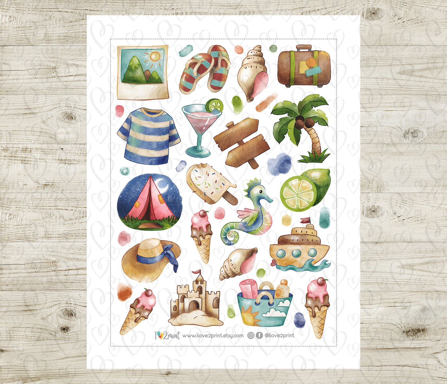 Watercolor Summer Decorative Printable Stickers | Blue Green Hand Painted | PDF Cut Files