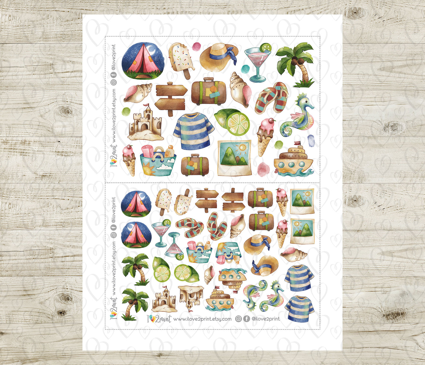 Watercolor Summer Decorative Printable Stickers | Blue Green Hand Painted | PDF Cut Files