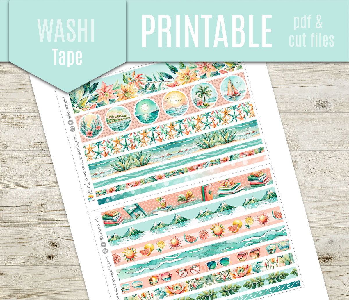 Sunny Day Washi Tape Printable Planner Stickers | Teal Coral Beach Strips | PDF Cut Files