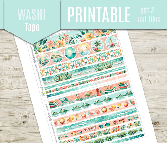 Sunny Day Washi Tape Printable Planner Stickers | Teal Coral Beach Strips | PDF Cut Files