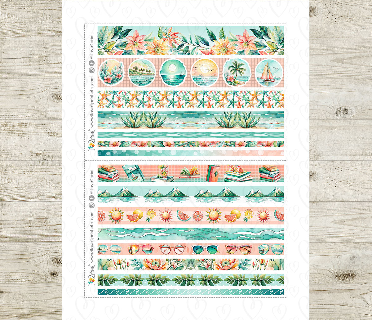 Sunny Day Washi Tape Printable Planner Stickers | Teal Coral Beach Strips | PDF Cut Files