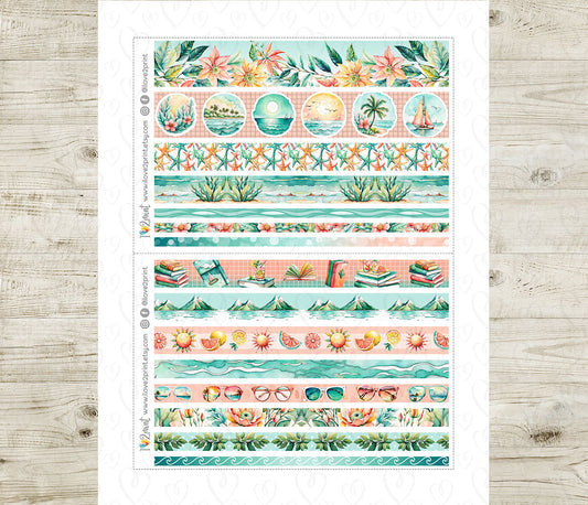 Sunny Day Washi Tape Printable Planner Stickers | Teal Coral Beach Strips | PDF Cut Files