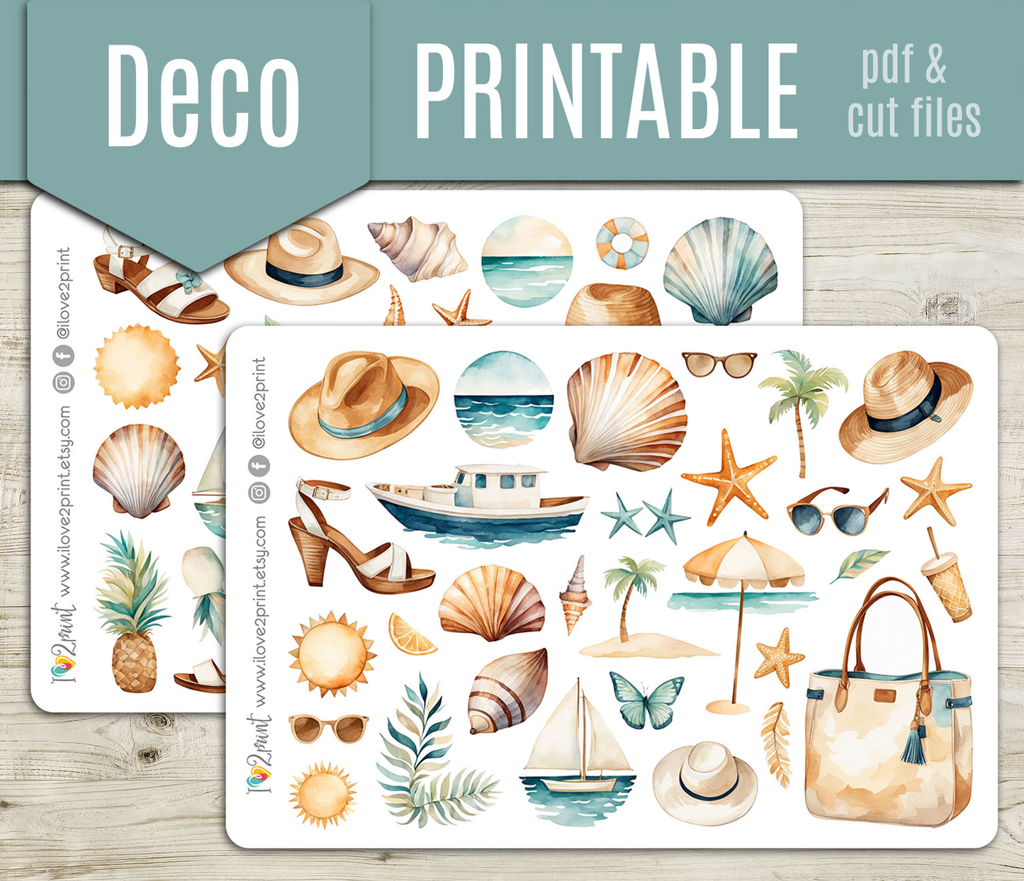 Sunshine Decorative Printable Planner Stickers | Beach Elements | PDF Cut Files | Instant Download