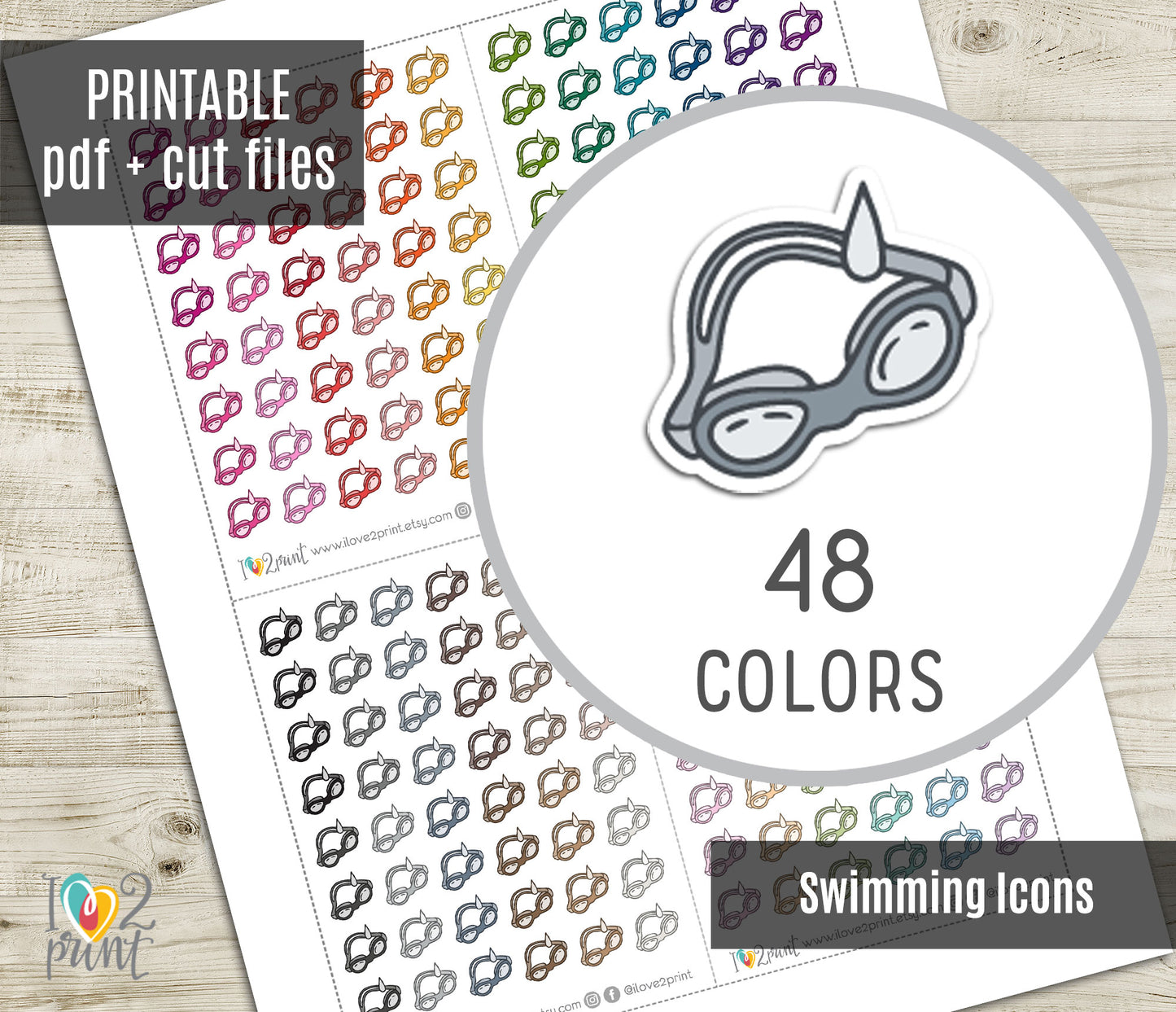 Swimming Goggles Mini Icons – Functional Printable Stickers in 48 Colors – PDF & Cut Files