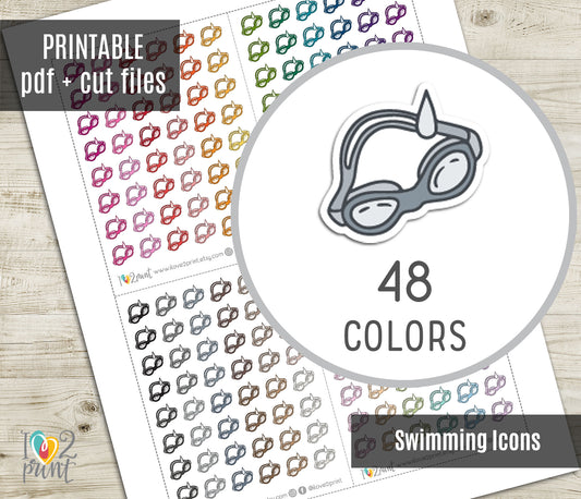 Swimming Goggles Mini Icons – Functional Printable Stickers in 48 Colors – PDF & Cut Files