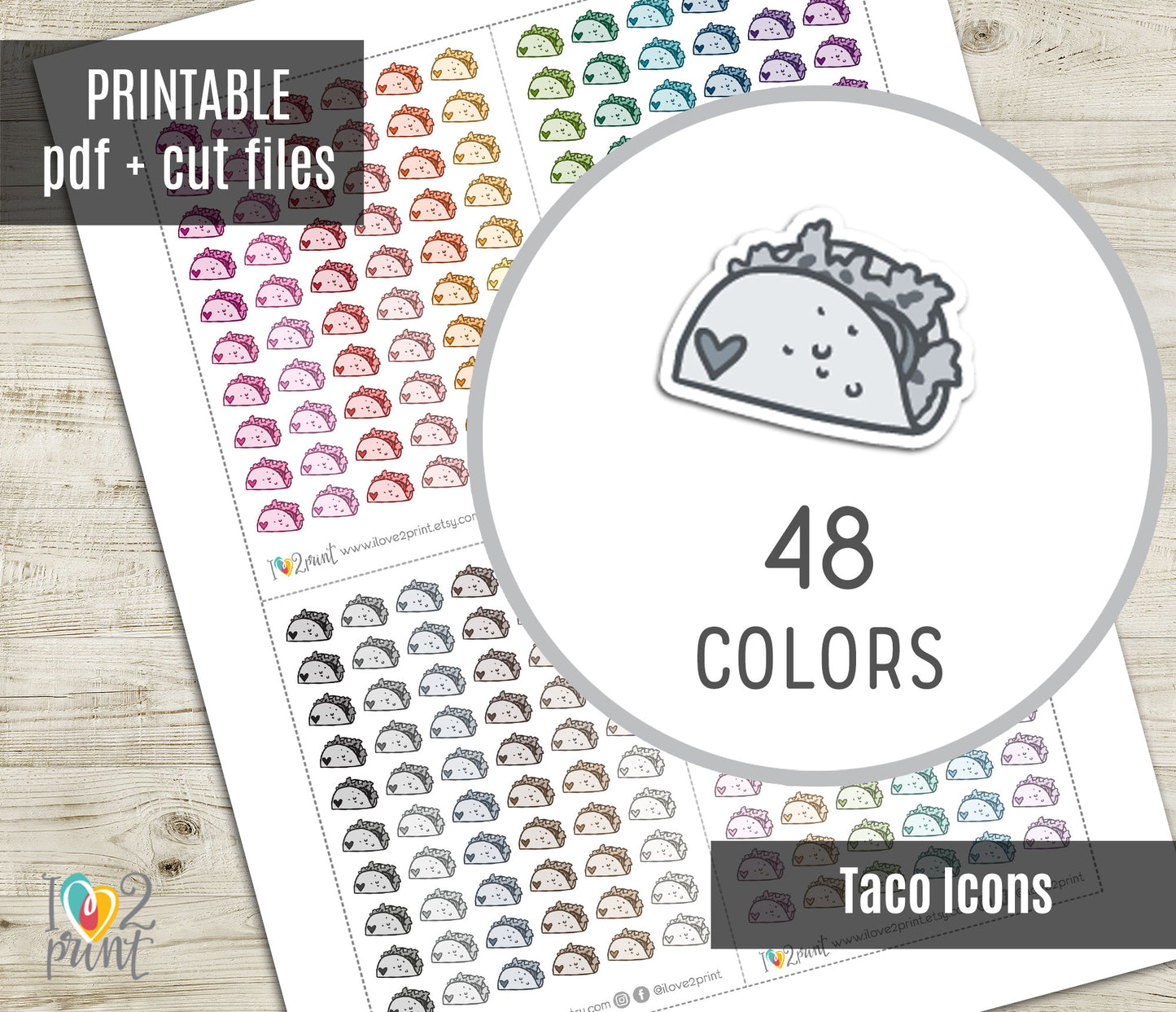 Taco Mini Icons – Functional Printable Stickers in 48 Colors – PDF & Cut Files