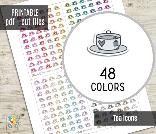 Tea Cup Mini Icons – Functional Printable Stickers in 48 Colors – PDF & Cut Files