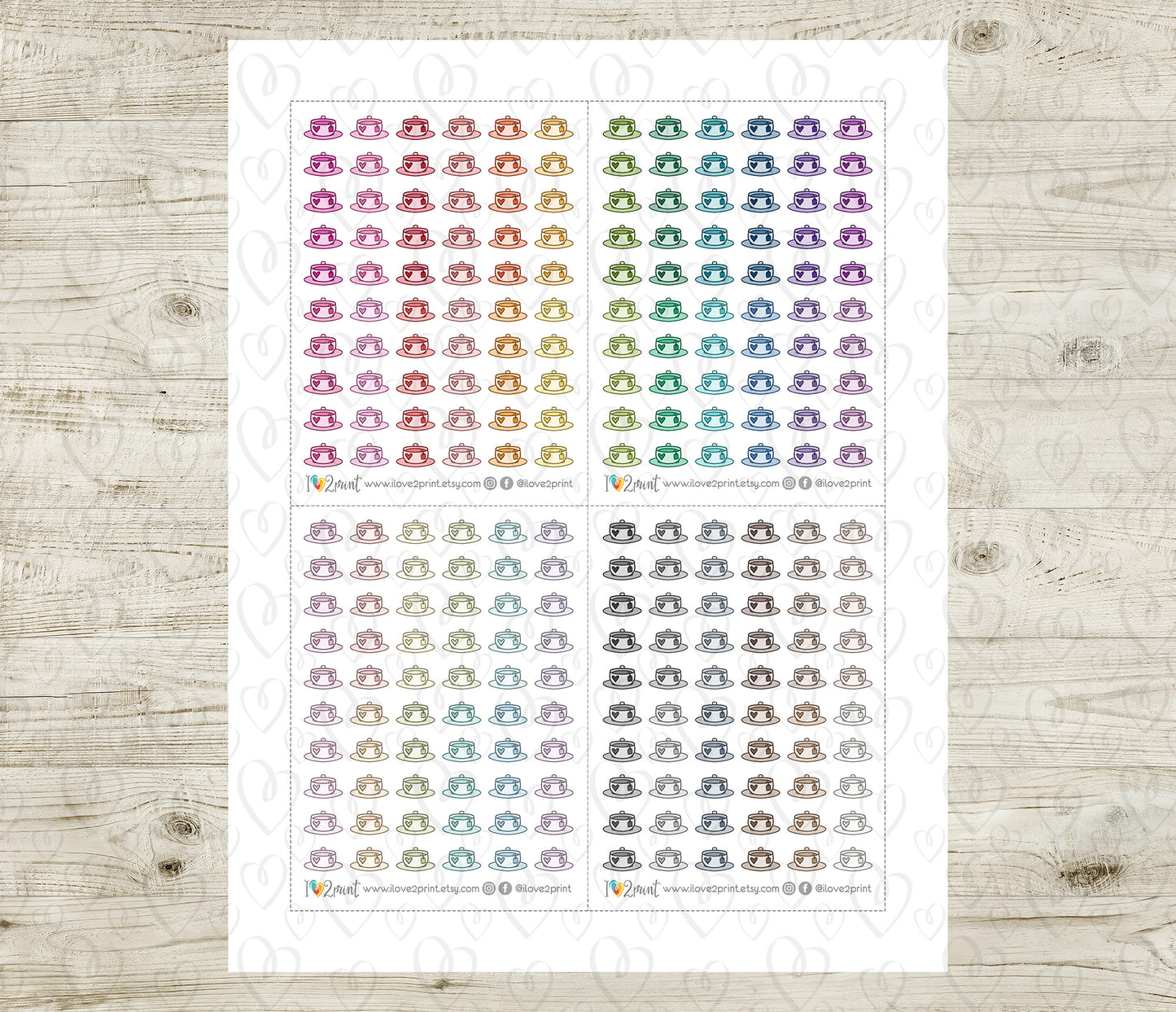 Tea Cup Mini Icons – Functional Printable Stickers in 48 Colors – PDF & Cut Files