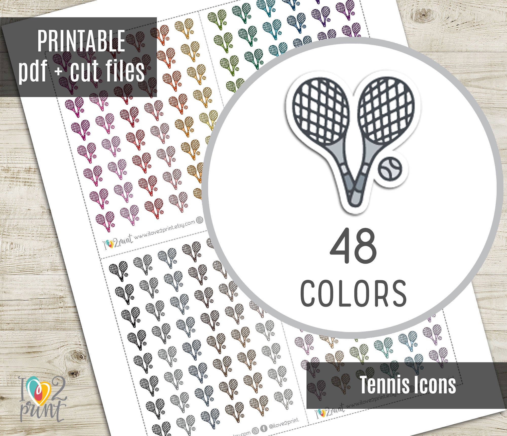 Tennis Racket Mini Icons – Functional Printable Stickers in 48 Colors ...